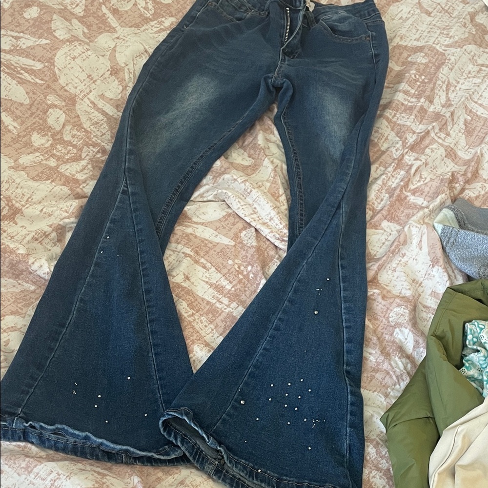 Vintage Bamboo Women's Flare Jeans with Subtle Rhinestone Detail